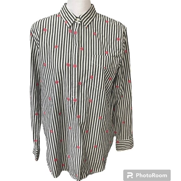 Gap Women Button Up Shirt Gray White Pink Daisy Long Sleeve Classic Fit … - Picture 1 of 12